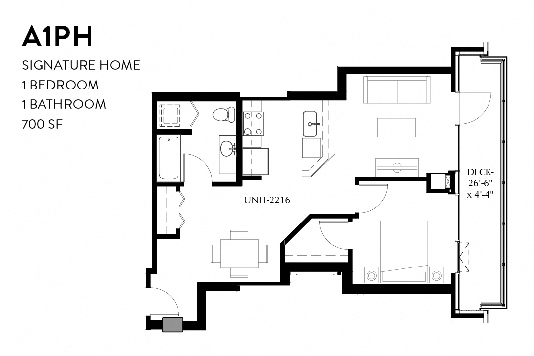 Floor plan for 1 bed, 1 bath, 840 sqft